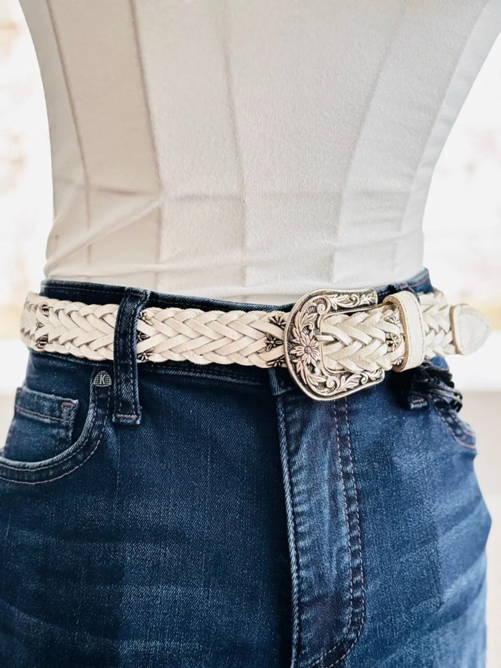 Boho Western Braided Leather Belt White Silver Buckle Anthropologie Style